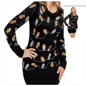 Tipsy Elves Black Christmas Lights Sequin Sweater Dress